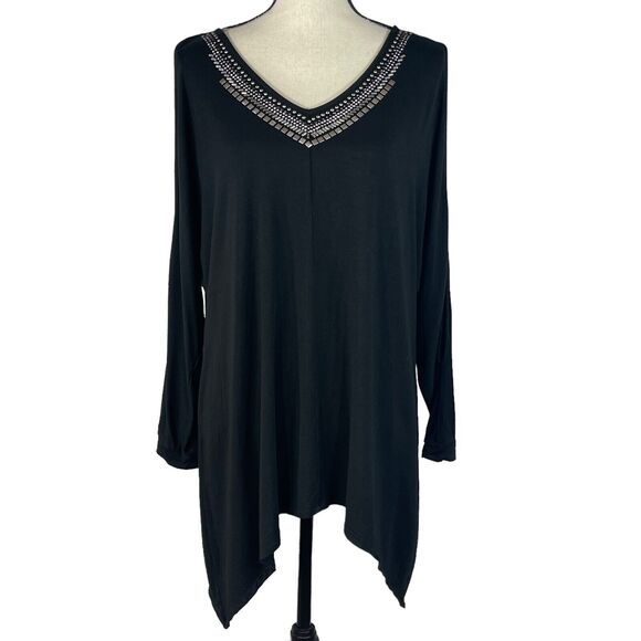 Lane Bryant SZ 18/20 Top V-Neck Cold-Shoulder Dolman Sleeve Stretch Embellished - Picture 1 of 9